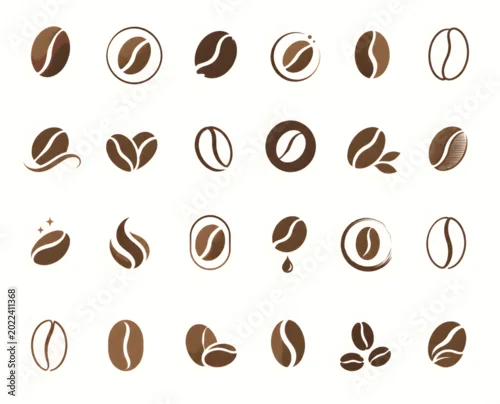 Fototapeta na wymiar A set 24 icon Coffee Bean Flat Roasted Coffee Logo Elements