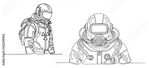 Tableau sur toile Futuristic protection suits with gas masks and breathing apparatus in continuous