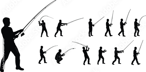 Foto Fisherman Silhouette Vector Set Featuring Various Fishing Poses with Rods and St