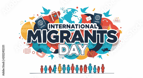International Migrants Day colorful illustration with diverse people icons in vibrant global map background for awareness campaign