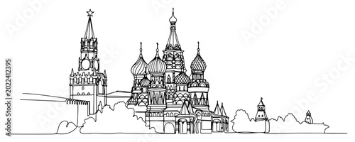 Saint Basils Cathedral and Moscow Kremlin landmark in continuous line art style