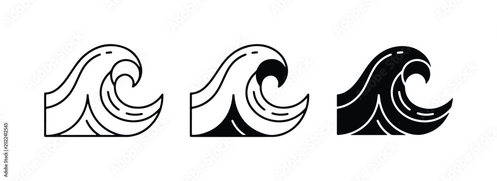 Fototapeta premium Stylized Wave Icons, Ocean Swell Vector Graphics, Nautical Sea Symbol Collection, Marine Water Element Set
