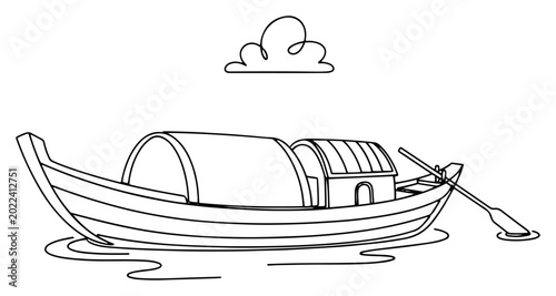 Traditional Asian river boat with oar on water in continuous line art style
