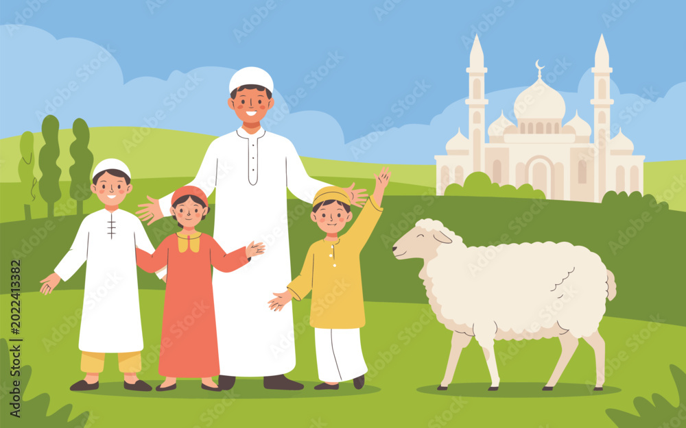 Fototapeta premium Muslim family with children and a sheep in front of a mosque on a green landscape rural life religious festival cultural event islamic culture children daughter livestock building religion