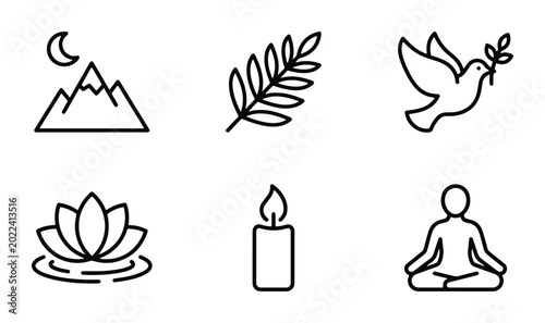 Fotografía Serenity Icons Set: Mountains, Palm Leaf, Dove, Lotus Flower, Candle, Meditation