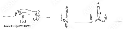 Fotografie Fishing lure with hook and worm bait in minimalist continuous line art style