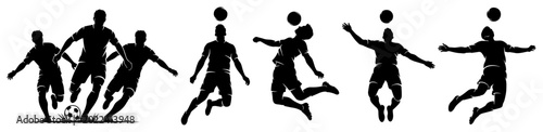 Photos Soccer players in action performing headers and dribbling in black silhouette st