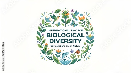 International Day for Biological Diversity Greeting Card, Flat Vector Illustration of Planet Earth Surrounded by Diverse Wildlife, Green Plants, and Nature Conservation Concept
