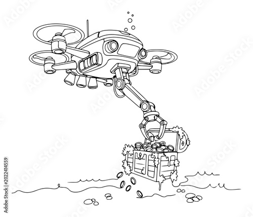 Obraz na plátně Underwater drone with robotic arm retrieving treasure from chest in minimalist c