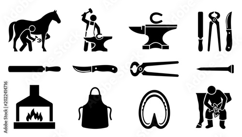 Cuadro en lienzo Blacksmith and Farrier Craft Horseshoeing Black Silhouette Icon Set