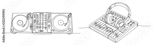 Obraz na plátně Professional DJ equipment with turntables mixer and headphones continuous line a