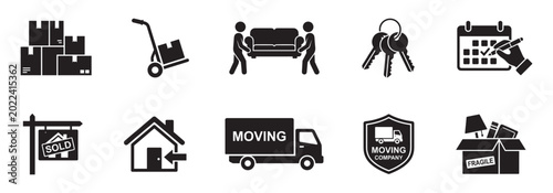 House Moving and Relocation Service Icon Set. Packing Boxes, Delivery Truck, New Home Keys. Vector Illustration.