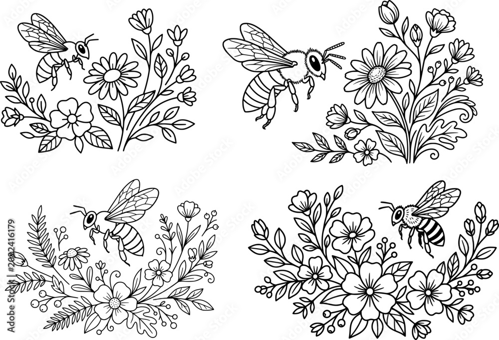 Fototapeta premium bee on flowers icon set
