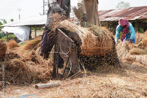 Foto Traditional Threshing Machine in Rural Farming Scene