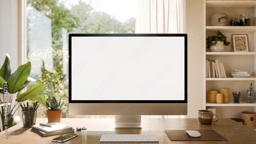 Fototapeta premium Computer Mockup with Blank Screen and Natural Light - Modern Home Office