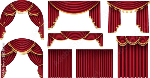 Photos Set of isolated red velvet theater curtains with gold decoration framing a stage