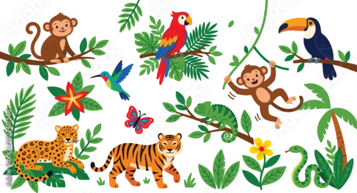 Obraz Cute Jungle Animal Collection with Monkey, Tiger, Toucan, Parrot, Chameleon, and Tropical Nature Elements for Colorful Wildlife Vector Illustration Design
