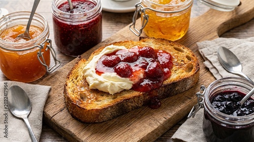 Crispy golden toast topped with a generous dollop of clotted cream and shiny strawberry jam, surrounded by glass jars of fruit preserves.