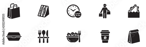 Lunch to Go and Takeaway Food Icon Set. Fast Food, Delivery, Sandwich, Salad, Coffee, and Paper Bag Symbols. Vector Illustration.
