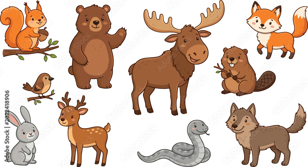 Fototapeta premium Cute Woodland Animal Collection with Moose, Bear, Fox, Wolf, Beaver, Rabbit, Deer, and Forest Wildlife Characters for Adorable Vector Illustration Design