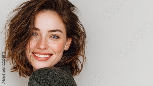 Young woman with radiant skin on a clean beige background with copy space. 