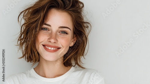 Young woman with radiant skin on a clean beige background with copy space. 