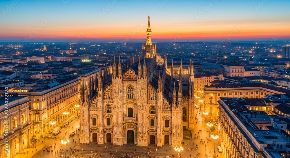 Fototapeta premium Milan Cathedral Duomo at twilight aerial view, Italy landmark, cityscape skyline