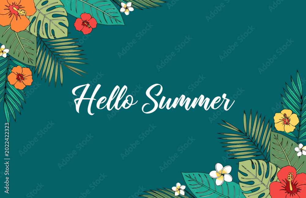 Obraz premium tropical floral illustration with hello summer text on teal background