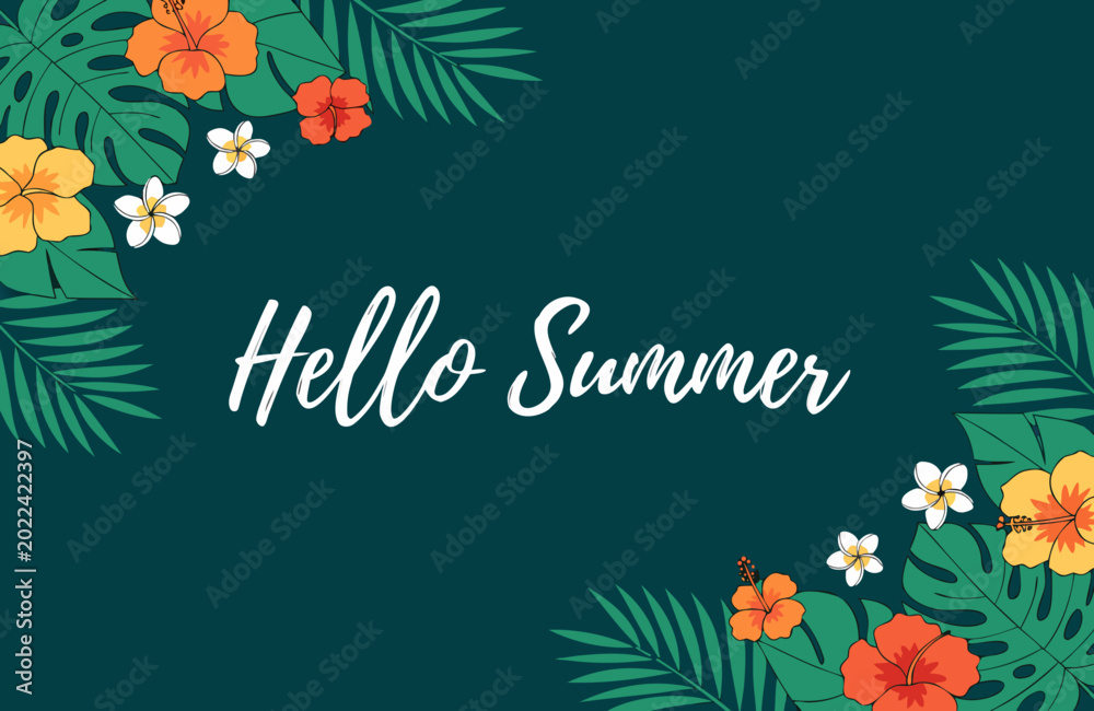 Fototapeta premium tropical leaves and flowers illustration with hello summer text