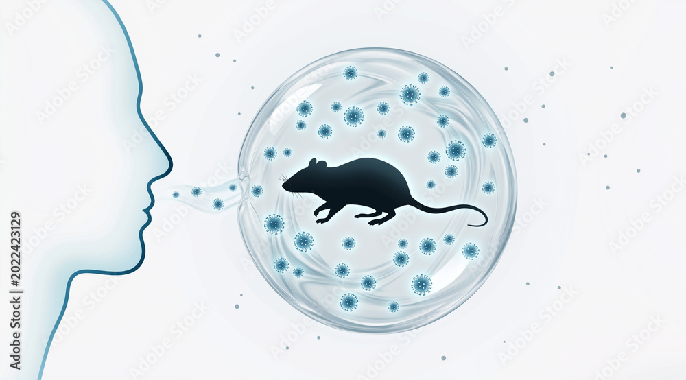 Fototapeta premium Hantavirus airborne transmission concept with human breathing near infected mouse silhouette in viral bubble, respiratory disease prevention and zoonotic infection illustration