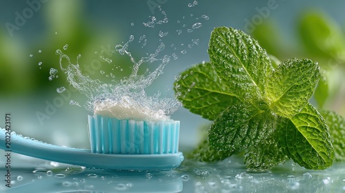 Dynamic water splash on a blue toothbrush with toothpaste and fresh green mint leaves