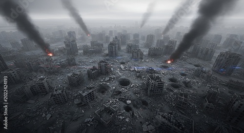 City Devastation: War Ruins, Smoke Plumes, and Cratered Ground
