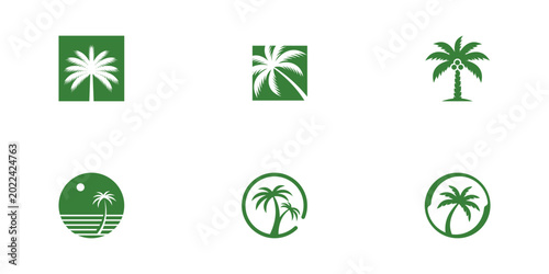 Minimalist Green Palm Tree Icon Set Collection for Tropical Resort