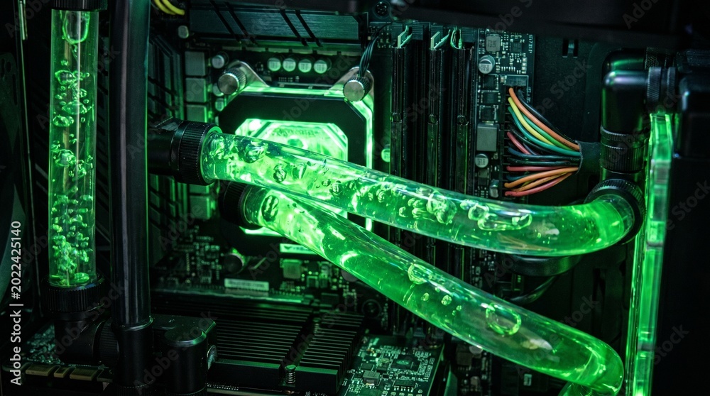 Fototapeta premium Glass fiber optic cables illuminated in server rack with green lighting