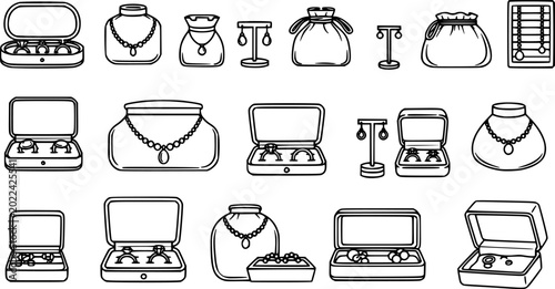 Collection of jewelry and accessory containers in black and white outline style.
