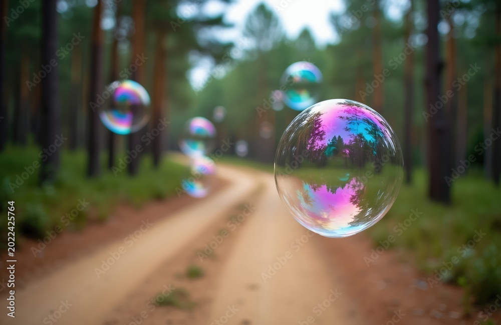 Fototapeta premium Large iridescent soap bubbles float on a forest path. Rainbow colors shimmer on thin surfaces. Magical natural scene, soft focus background.