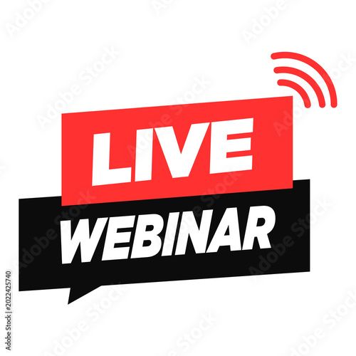 Red and Black Live Webinar Badge with Streaming Icon and Bold Typography on transparent png
