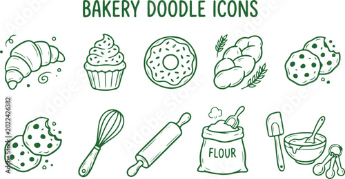 Obraz na płótnie Bakery Delights: A collection of charming, hand-drawn bakery icons showcases the delightful world of baked goods and baking tools