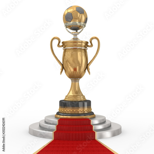 3d goldener, hochglanz Fußball Pokal mit Sockel und Fußball auf roten Teppich, schwarz auf transparenten Hintergrund