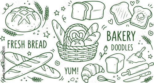 Bild auf Leinwand Bakery Doodle Collection: An array of delightful bakery doodles, featuring fresh bread, croissants, pretzels, and various baked goods, creating a visually appealing illustration