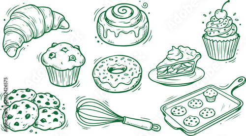 Fényképezés Wholesome Bakery Treats: An array of delightful baked goods, meticulously sketched in an illustrative style, ready to sweeten any moment, offering a glimpse into the art of baking