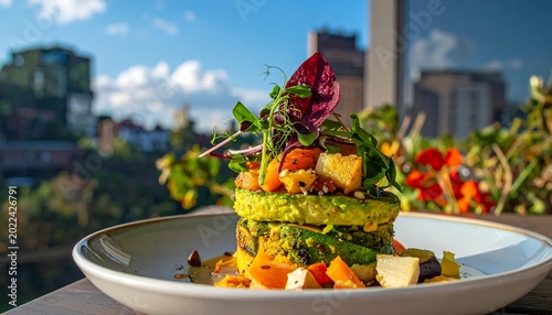 Gourmet Avocado Stack on White Plate.