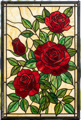 A stained glass panel features a close-up view of several red roses and rosebuds amidst green leaves