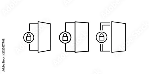 Set of locked door icons featuring open entrance with padlock symbol in circle thin line vector graphics for security access control and privacy design.