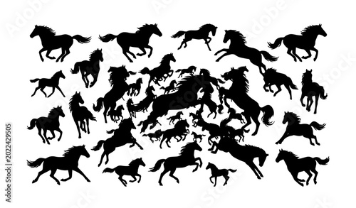 Canvastavla Silhouette Horse Vector Illustration Set Showing Horses in Different Poses and M