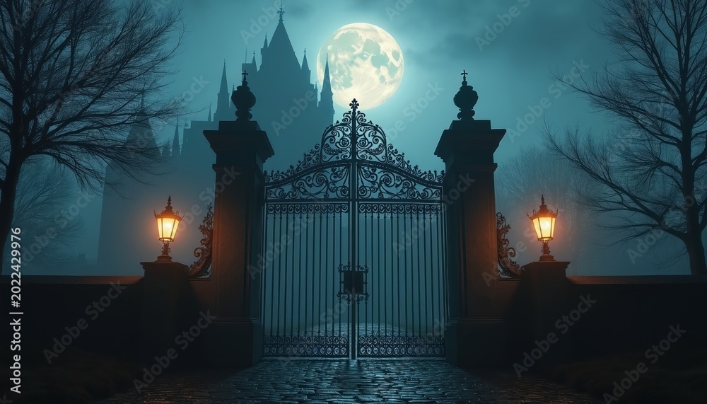 Fototapeta premium Ornate iron gates guard a mysterious castle in foggy moonlight. Ornate lamps illuminate the cobble path leading to the ominous structure, with bare trees framing the eerie scene.