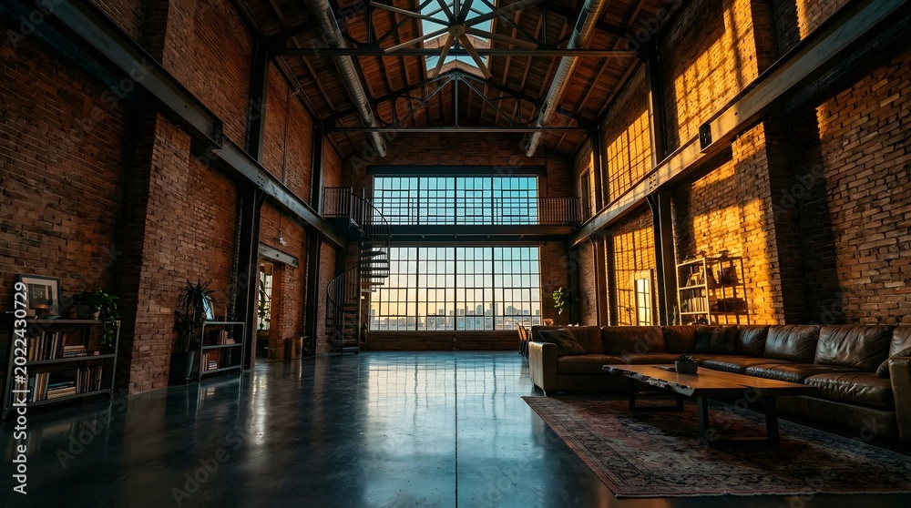 Fototapeta premium Industrial Loft Design: Spacious Warehouse Interior with Large Windows