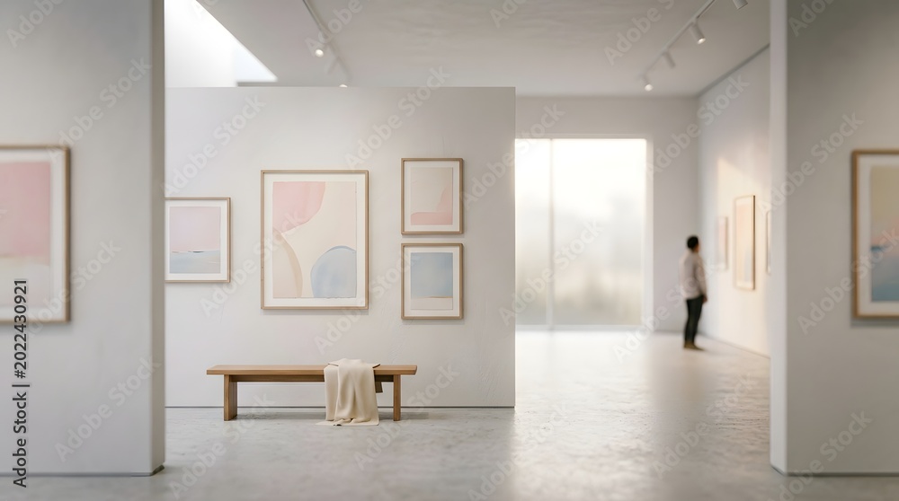 Fototapeta premium Modern art gallery interior with minimal design and sunlight