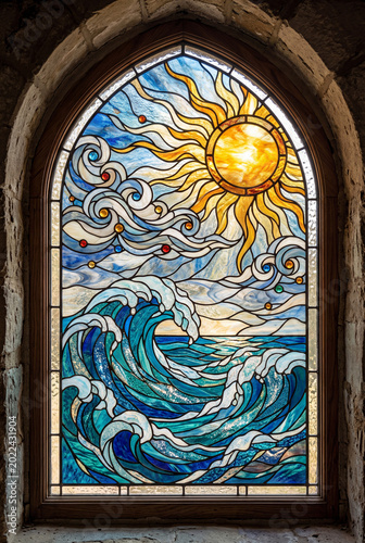 A stained glass window depicts a stylized sun and ocean scene