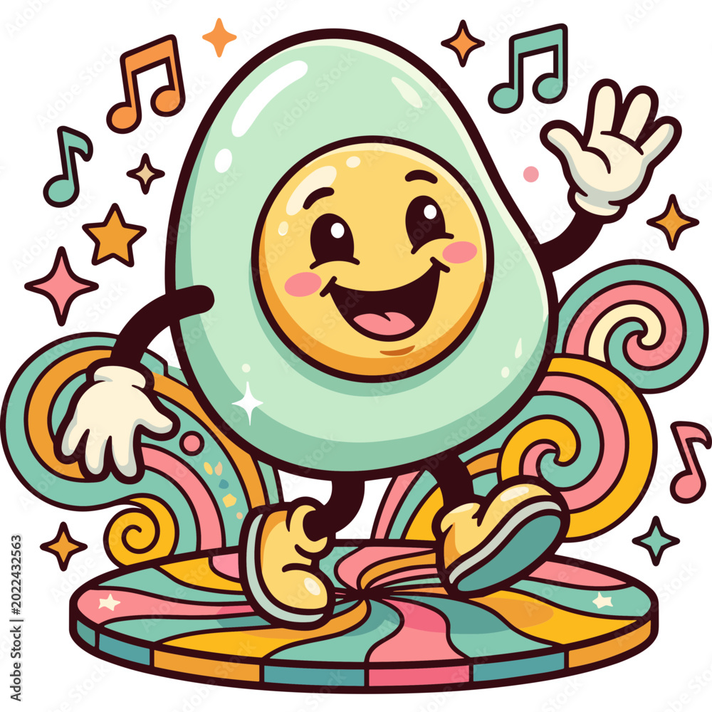 Naklejka premium A cheerful cartoon avocado dances on a colorful disco floor surrounded by swirling patterns and musical notes.
